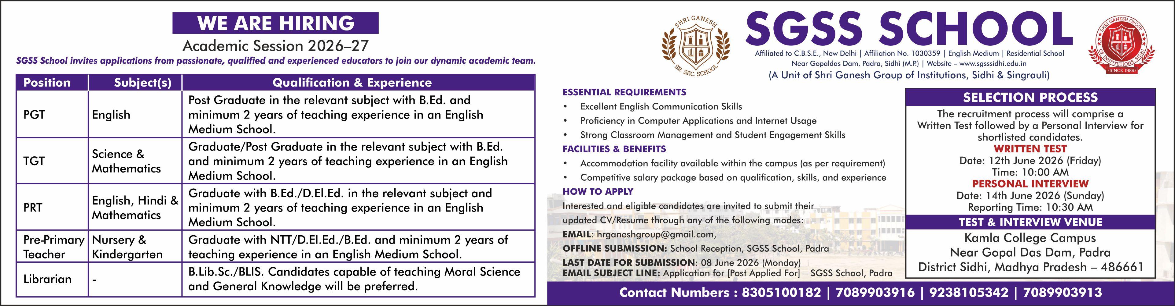 Shri Ganesh Group of Institution - SGSS Jobs